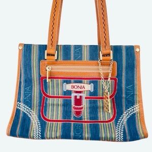 Vintage Y2K Bonia Italy Shoulder Bag Purse Fabric and Leather Stripes Stitching